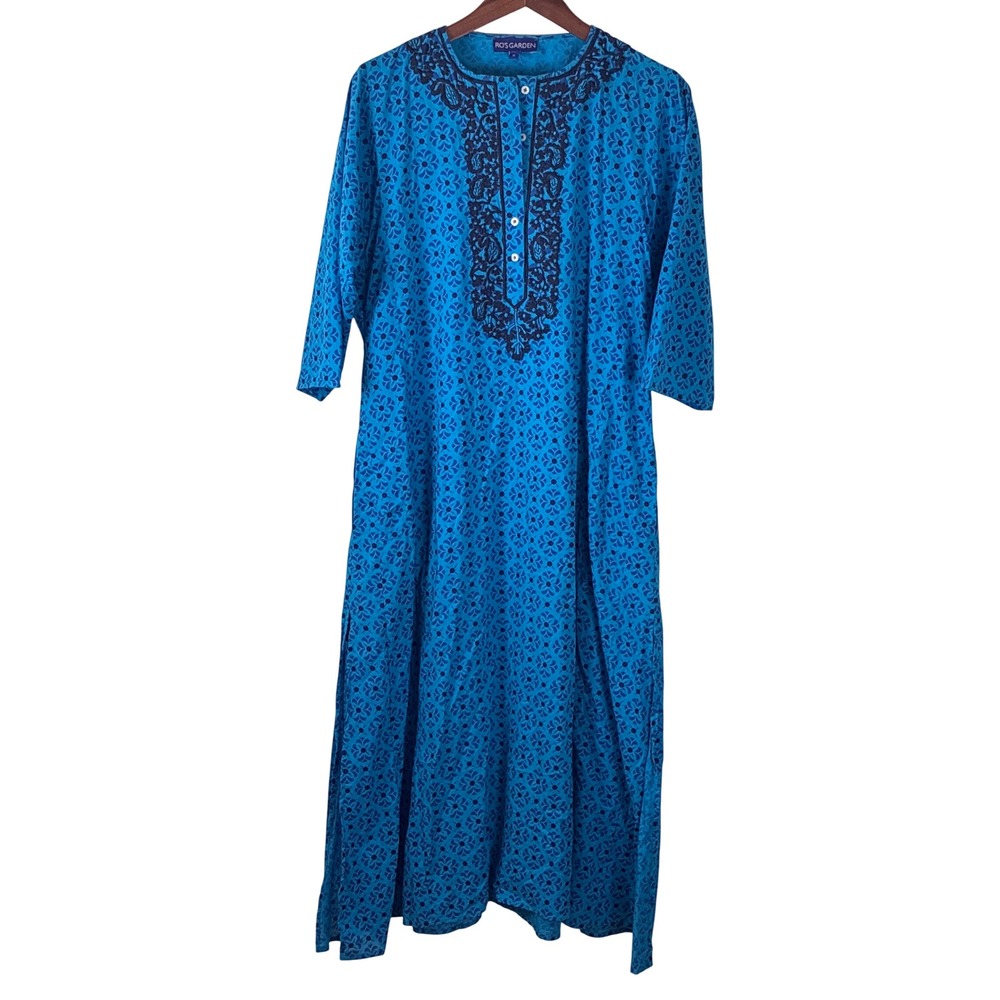 Ro's Garden Long Kurta Dress Kaftan Embroidered Blue Geometric Floral Boho Small